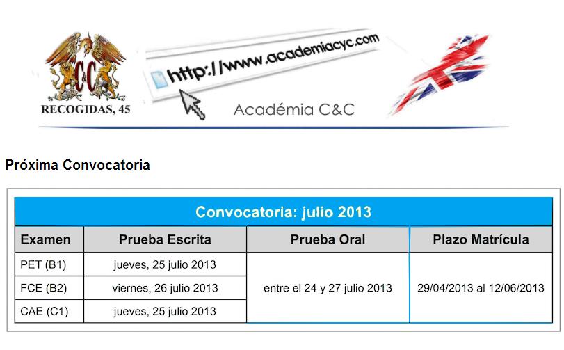 convocatoria examenes Cambridge Julio 2013